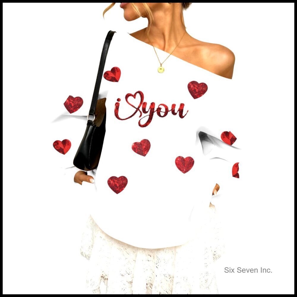 Oversized Off Shoulder Sweatshirt Long Sleeve Sequin Heart Print Casual Chic